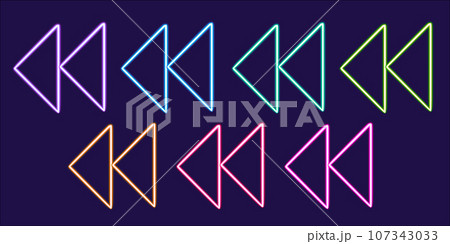 set arrow sign figure. direction glowing desktop icon, neon rewind sign sticker, neon figure, glowing arrow sign figure. direction figure, neon geometrical figures  107343033