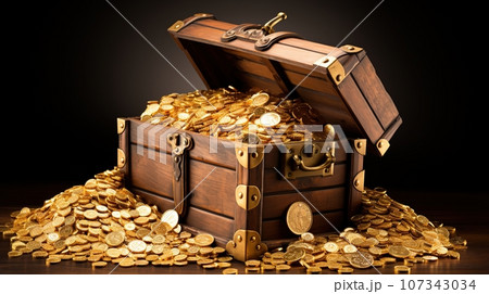 Treasure Chest Full of Glittering Gold Coins, A Symbol of Wealth and Prosperity, Set Against a Mysterious Black Background, Ai generative 107343034