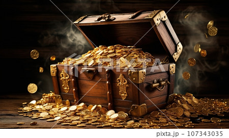 Treasure Chest Full of Glittering Gold Coins, A Symbol of Wealth and Prosperity, Set Against a Mysterious Black Background, Ai generative 107343035