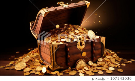 Treasure Chest Full of Glittering Gold Coins, A Symbol of Wealth and Prosperity, Set Against a Mysterious Black Background, Ai generative 107343036