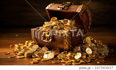 Treasure Chest Full of Glittering Gold Coins, A Symbol of Wealth and Prosperity, Set Against a Mysterious Black Background, Ai generative 107343037