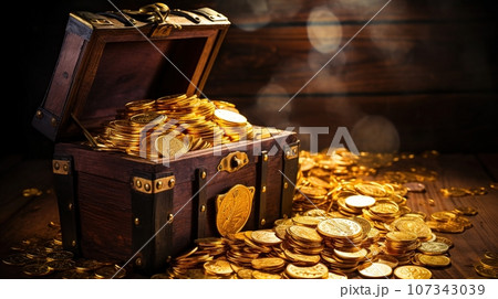 Treasure Chest Full of Glittering Gold Coins, A Symbol of Wealth and Prosperity, Set Against a Mysterious Black Background, Ai generative 107343039