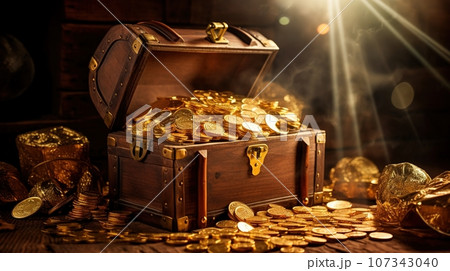 Treasure Chest Full of Glittering Gold Coins, A Symbol of Wealth and Prosperity, Set Against a Mysterious Black Background, Ai generative 107343040