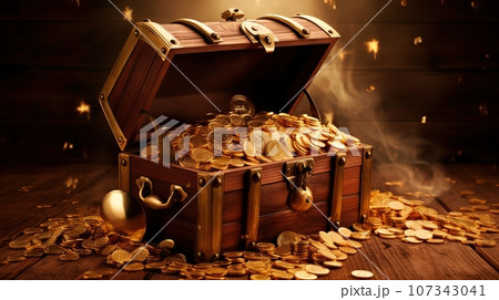 Treasure Chest Full of Glittering Gold Coins, A Symbol of Wealth and Prosperity, Set Against a Mysterious Black Background, Ai generative 107343041
