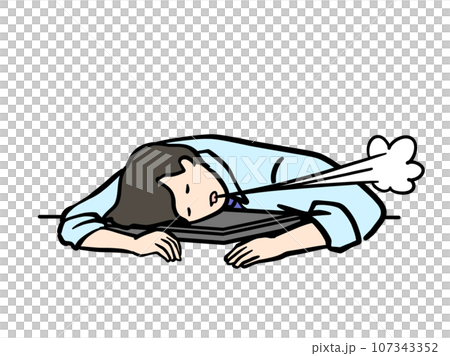 Illustration of a man in a suit using a closed computer as a pillow and letting out an oversized sigh Illustration of a man in a suit using a closed computer as a pillow and letting out an oversized sigh 107343352