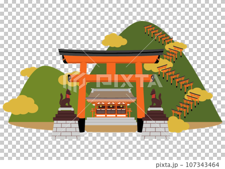 伏見稻荷大社的插圖,有 1000 個鳥居門和山脈背景 伏見稻荷大社的插圖,有 1000 個鳥居門和山脈背景 107343464