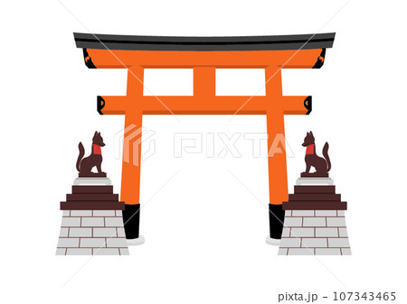 伏見稲荷大社のイラスト　鳥居ときつね 107343465