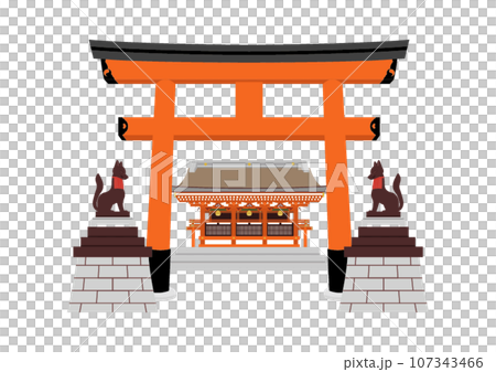 Vermilion torii gate and fox illustration Fushimi Inari 107343466