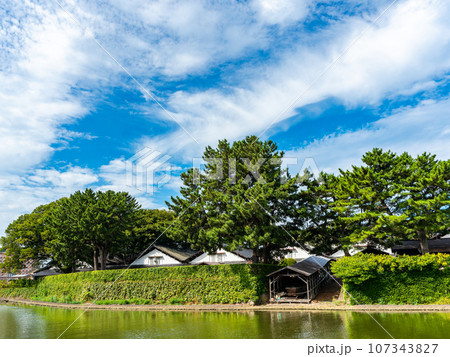 夏に訪れた川越しに眺める美しい酒田市の山居倉庫　歴史的建物 107343827