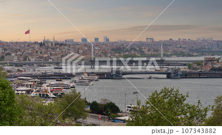 European side of Istanbul with ferry boats sailing in Bosphorus strait, overlooking Halic Metro Bridge, Istanbul, Turkey European side of Istanbul with ferry boats sailing in Bosphorus strait, overlooking Halic Metro Bridge, Istanbul, Turkey 107343882