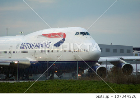 SAN FRANCISCO, CALIFORNIA, UNITED STATES - NOV 27, 2018: British Airways Boeing 747-400 on the tarmac at San Francisco International Airport SFO before take-off SAN FRANCISCO, CALIFORNIA, UNITED STATES - NOV 27, 2018: British Airways Boeing 747-400 on the tarmac at San Francisco International Airport SFO before take-off 107344526