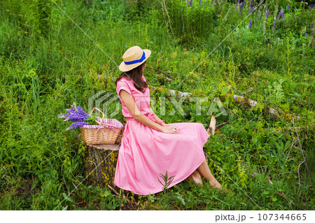 beautiful girl in a beautiful dress sits on a stump in the forest, a bouquet of lupines in a basket 107344665