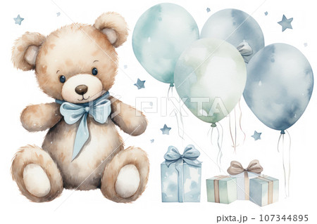 funny bear with flowers and balloons funny bear with flowers and balloons 107344895