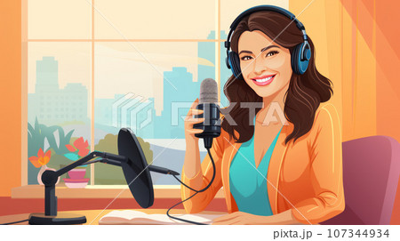 Woman conducts a podcast 107344934