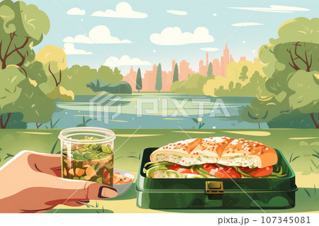 Woman with lunchbox in the park 107345081
