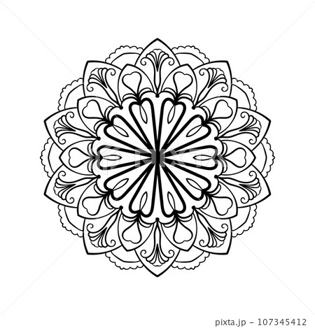 Mandala background. Ethnic decorative lacy floral element in circle. Hand drawn pattern. Coloring book page. 107345412