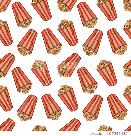 Popcorn in a basket, seamless pattern on a white background. Vector illustration. Greeting cards, invitations, covers, textiles, wrapping paper. Popcorn in a basket, seamless pattern on a white background. Vector illustration. Greeting cards, invitations, covers, textiles, wrapping paper. 107345453
