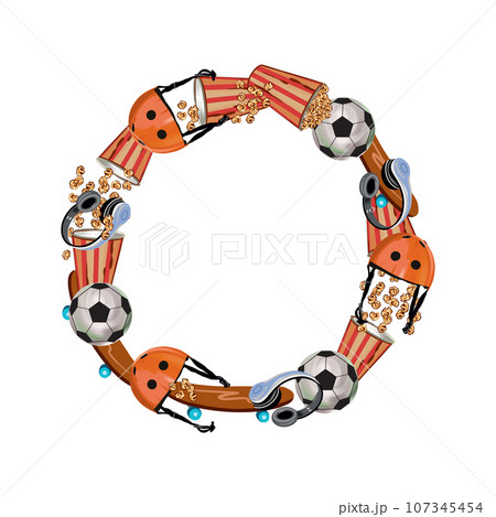 Popcorn, bicycle helmet, soccer ball, headphones. Circular object wreath. Vector illustration. Greeting cards, invitations, banners, flyers, posters. 107345454