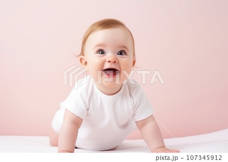 Close-up portrait of Cute little girl child happy on pastel background with copyspace area 107345912