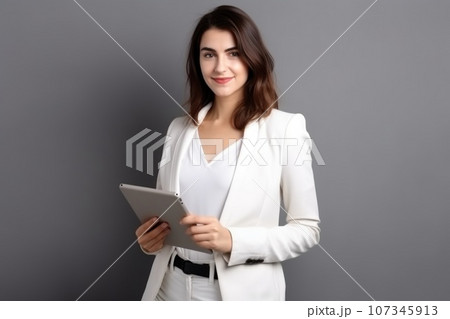 Woman accountant stands in profile and holds documents or tablet 107345913