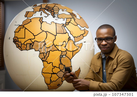 African man with a globe. Generated with AI 107347301