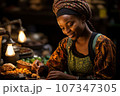 African woman selling food products. Generated with AI 107347305