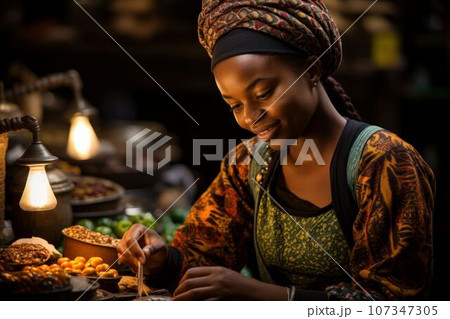 African woman selling food products. Generated with AI African woman selling food products. Generated with AI 107347305