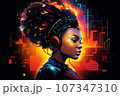African woman listening to music with headphones. Generated with AI 107347310