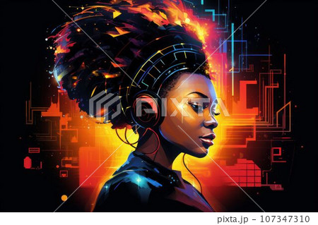 African woman listening to music with headphones. Generated with AI 107347310
