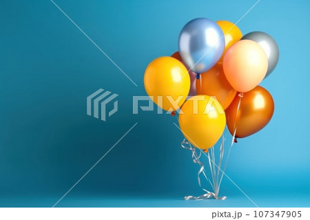 Bunch of bright balloons and space for text against color background. Generative AI 107347905