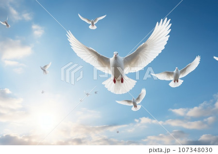 Light sky with white doves as a symbol of peace without war. Generative AI 107348030