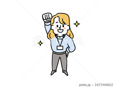 俯瞰で見た頑張るぞ！と拳を上げる人のイラスト（ビジネスマン女性カジュアル） 107348602