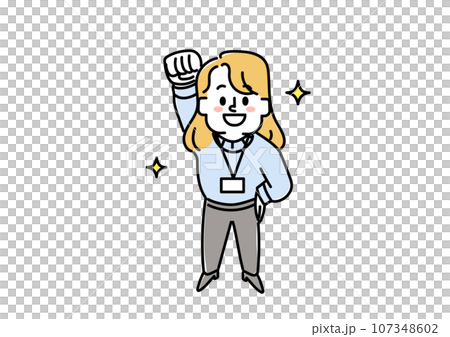 俯瞰で見た頑張るぞ！と拳を上げる人のイラスト（ビジネスマン女性カジュアル） 107348602