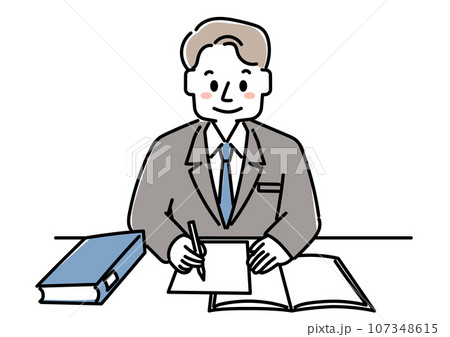 デスクに座って仕事をしている人物のイラスト(男性) デスクに座って仕事をしている人物のイラスト(男性) 107348615