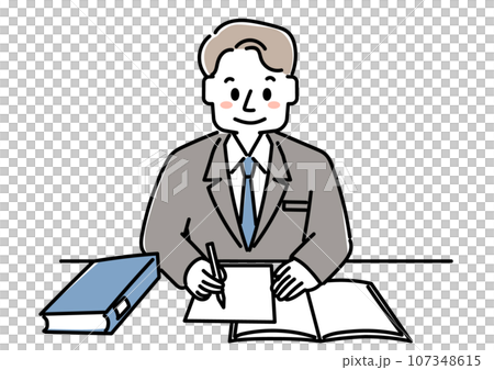 デスクに座って仕事をしている人物のイラスト(男性) デスクに座って仕事をしている人物のイラスト(男性) 107348615