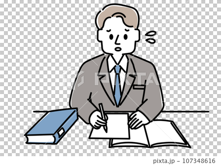 Illustration of a person sitting at a desk and working (male, failure, disappointment) Illustration of a person sitting at a desk and working (male, failure, disappointment) 107348616