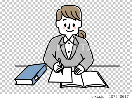 Illustration of a person sitting at a desk and working (female) Illustration of a person sitting at a desk and working (female) 107348617