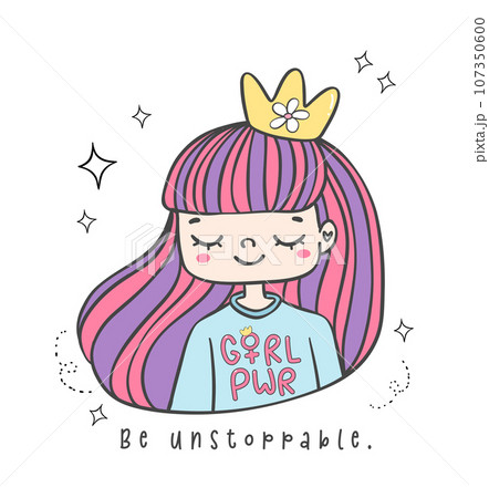 Cute Playful Girl Empower with Girl Power, Feminist Cartoon Character illustration banner. Colorful Doodle Drawing of Confident Young Woman, Empowerment Art 107350600