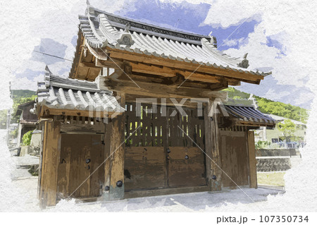 水彩画風　三日月　三日月藩乃井野陣屋　表門　兵庫県佐用郡佐用町 107350734
