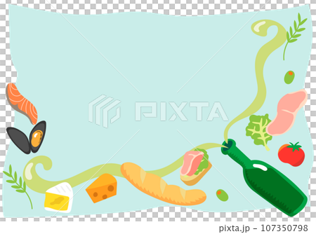 白葡萄酒和與葡萄酒相配的食物的框架-風景 白葡萄酒和與葡萄酒相配的食物的框架-風景 107350798