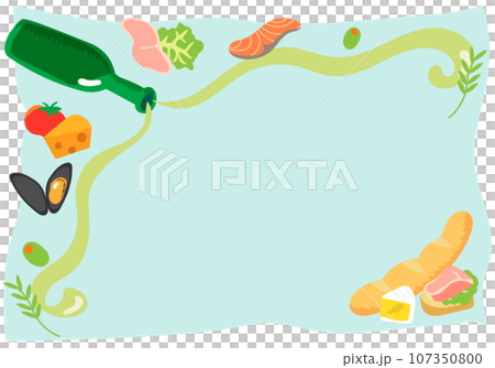 白葡萄酒和與葡萄酒相配的食物的框架-風景 白葡萄酒和與葡萄酒相配的食物的框架-風景 107350800