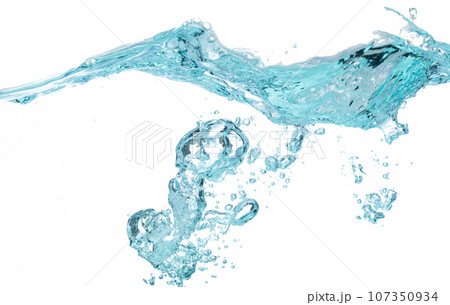 Ocean wave splash into surface underwater and many bubbles water. Drinking soda water flush air bubble. White background isolated freeze element 107350934