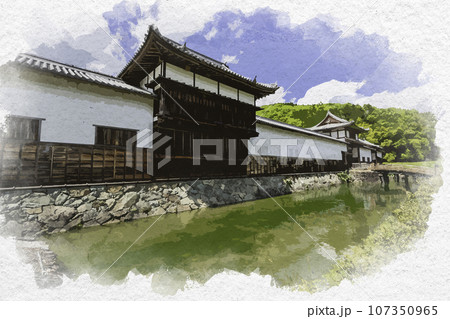 水彩画風　三日月　三日月藩乃井野陣屋跡　御物見櫓　兵庫県佐用郡佐用町 107350965