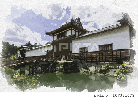 水彩画風 三日月 三日月藩乃井野陣屋跡 中御門 兵庫県佐用郡佐用町 水彩画風 三日月 三日月藩乃井野陣屋跡 中御門 兵庫県佐用郡佐用町 107351078