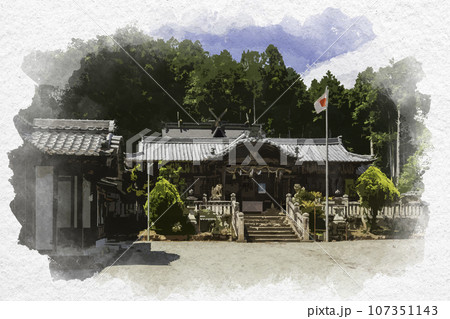水彩画風　三日月　日岡八幡神社　社殿　兵庫県佐用郡佐用町 107351143