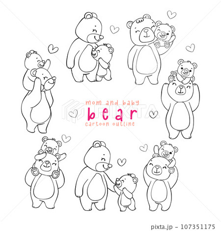 cute Mother bear and Baby Bear having Heartwarming timeless love moment together Cartoon Doodle outline Illustration collection, mother day drawing 107351175