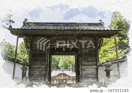水彩画風　三日月　日岡八幡神社　随身門　兵庫県佐用郡佐用町 107351193