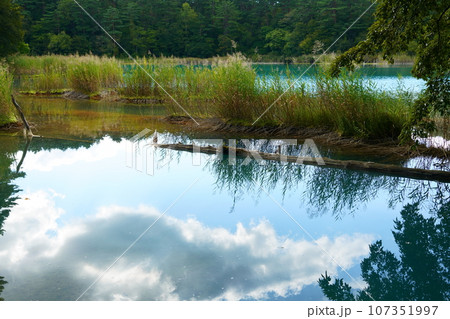 青い沼に移る雲と初秋の五色沼 107351997