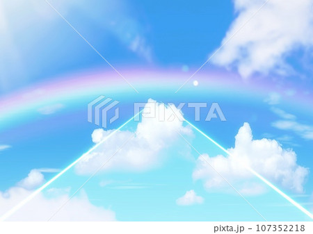 青空に浮かぶ雲と天に届く光の道のイラスト 107352218