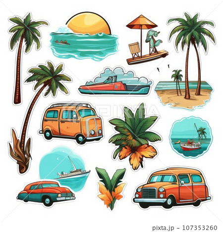 Summer holiday set, wardrobe items for traveling and relaxing on the beach. Linear drawing, pastel gentle color, coloring book. AI Generative. 107353260